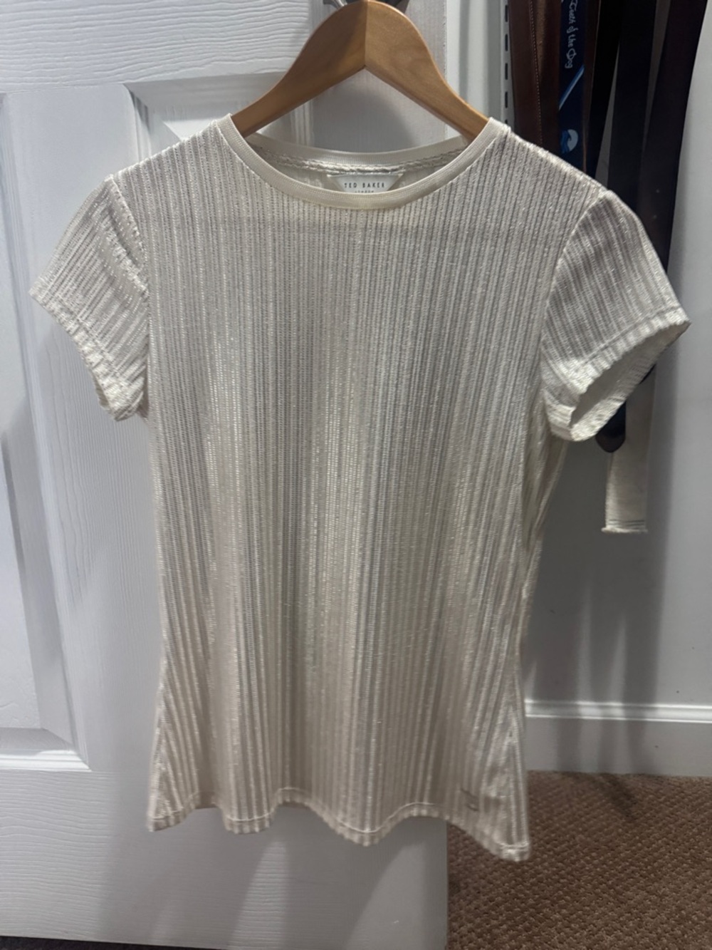 Ted Baker Cream Ribbed Short Sleeve Crew Top